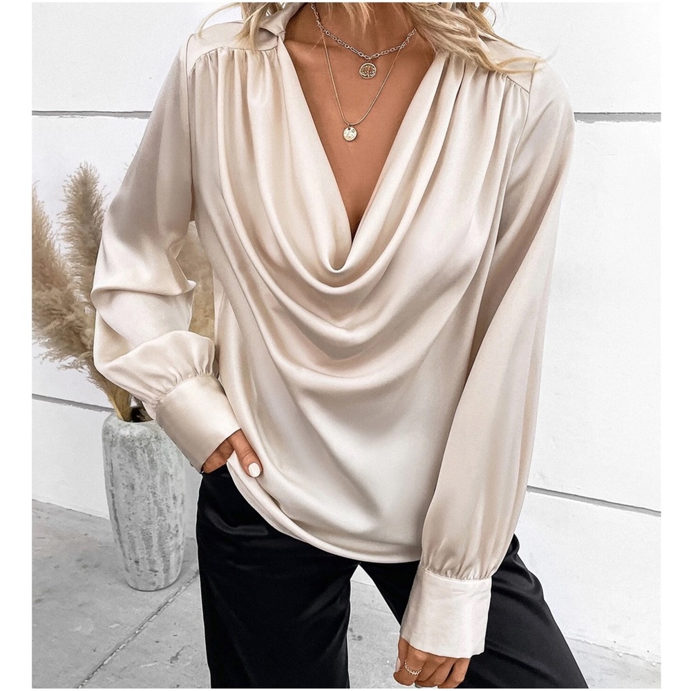 Luxe Draped Neck Office Work Blouse - Picture 3 of 4